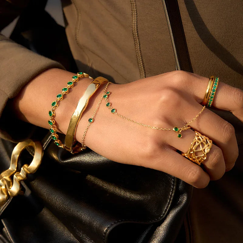 Jade Stone 18K Gold Plated 304 Stainless Steel Finger Chain
