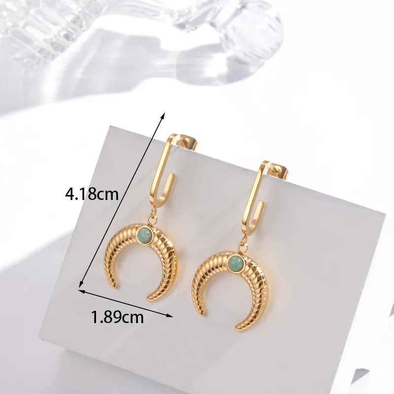Horns Plating Inlay Stainless Steel Faux Jade Stone  18K Gold Plated