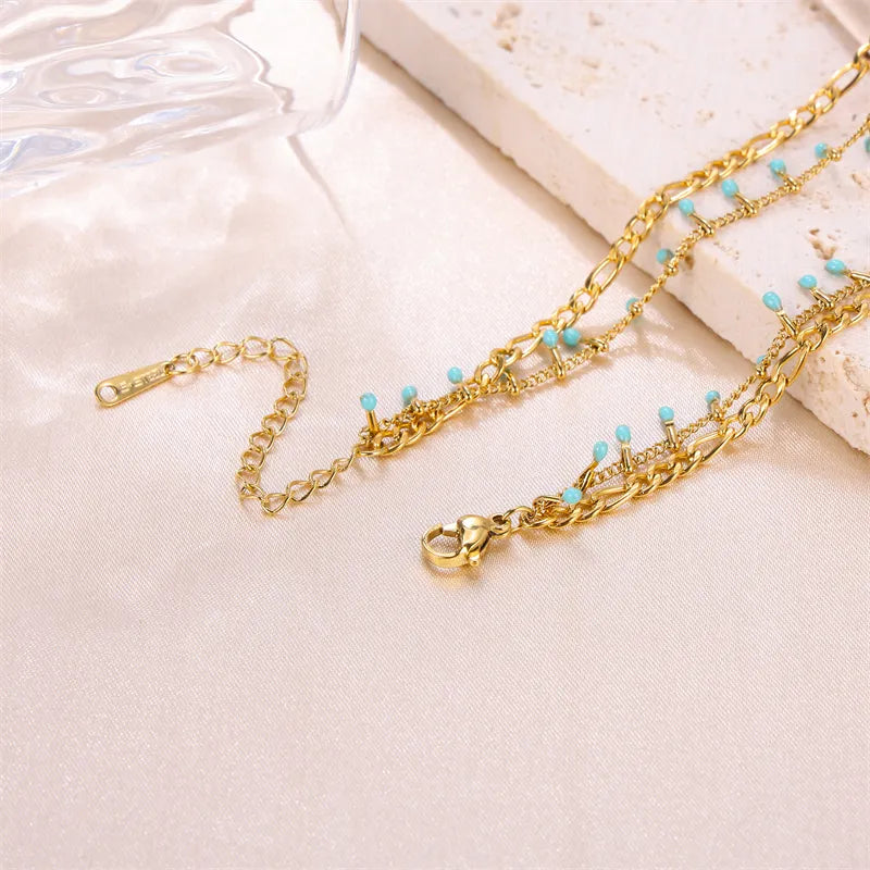 Blue Solid Color Stainless Steel Enamel Plating 18K Gold Plated Layered Necklaces