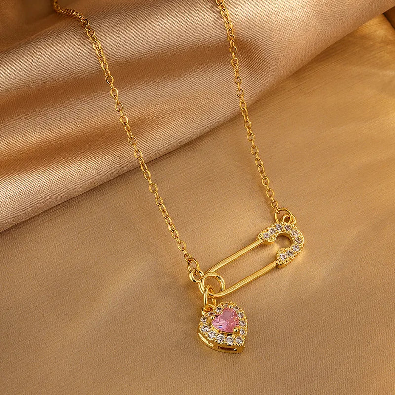 Heart Shape Stainless Steel 304 Artificial Imitation Diamonds 18K Gold Plated Earrings Necklace Jewelry Set