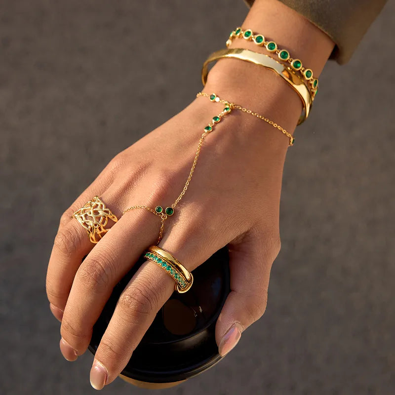 Jade Stone 18K Gold Plated 304 Stainless Steel Finger Chain