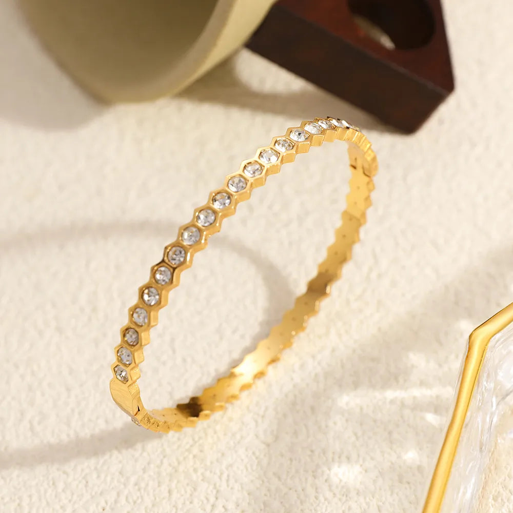 Full Diamond 18K Gold Plated Minimalist 304 Stainless Steel Round Bracelet
