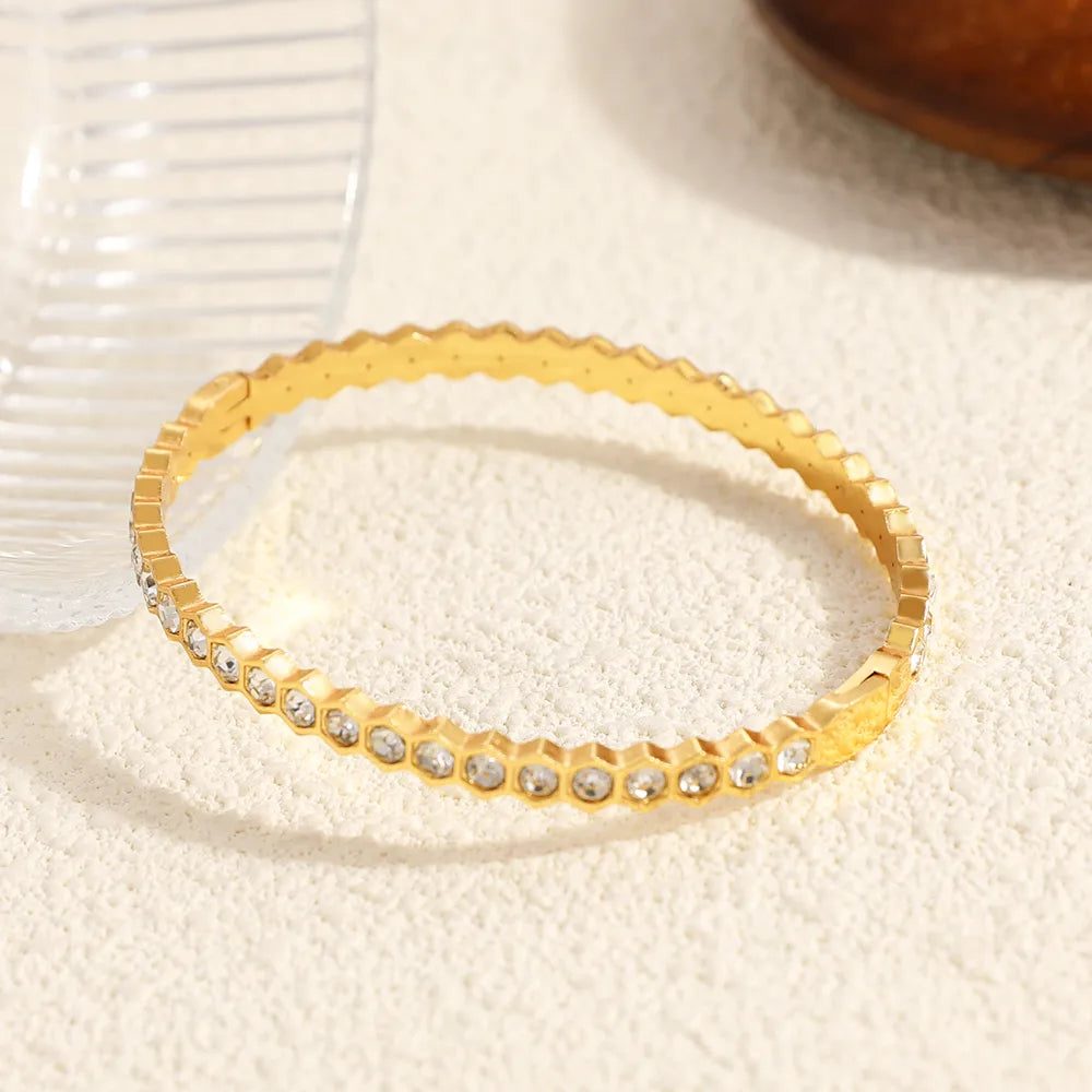 Full Diamond 18K Gold Plated Minimalist 304 Stainless Steel Round Bracelet