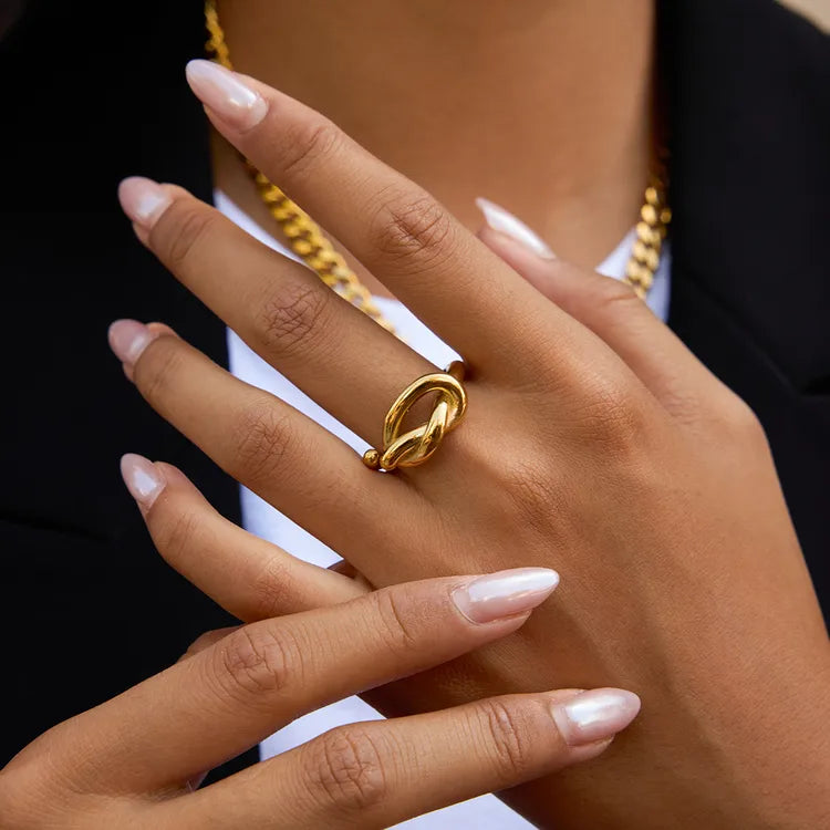 Minimalist Style 18K Real Gold Plated 304 Stainless Steel Knot Heart Open Ring