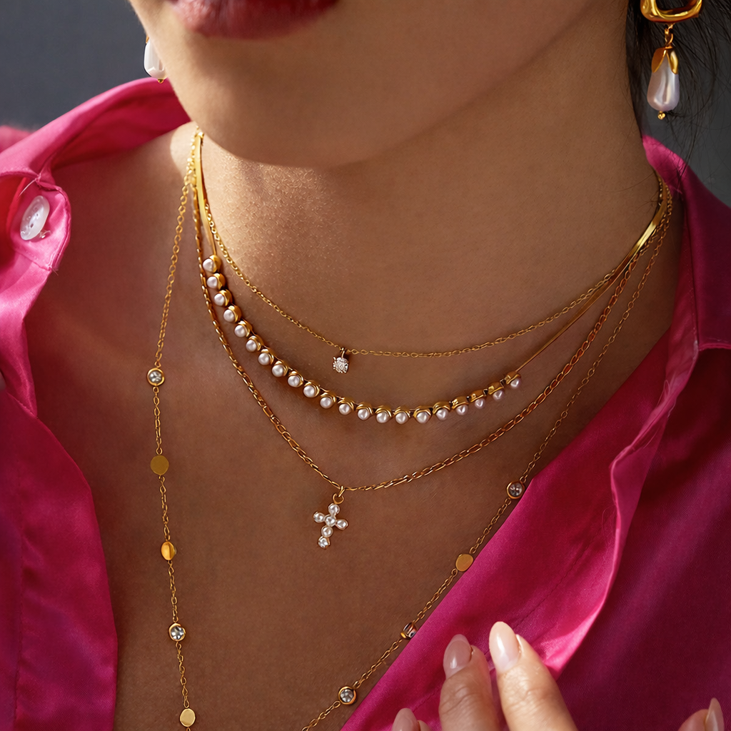Cross Pearls 18K Gold Plated 304 Stainless Steel Necklace