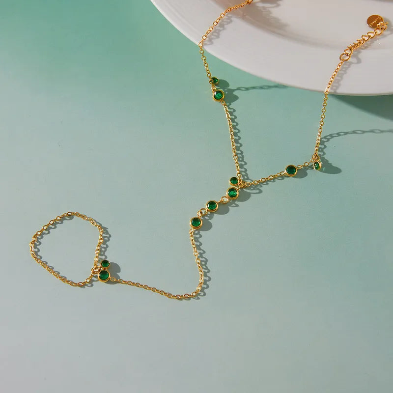 Jade Stone 18K Gold Plated 304 Stainless Steel Finger Chain