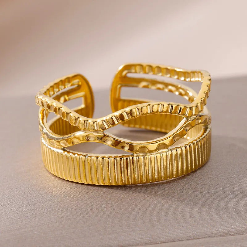 Exaggerated Gold Colour Stainless Steel Criss Cross Plating 18K Gold Plated Rings