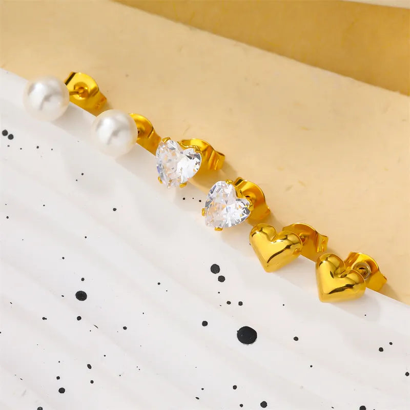 3 Pairs Cute Classic Style Heart Shape 304 Stainless Steel Artificial Pearls Zircon 18K Gold Plated Ear Studs