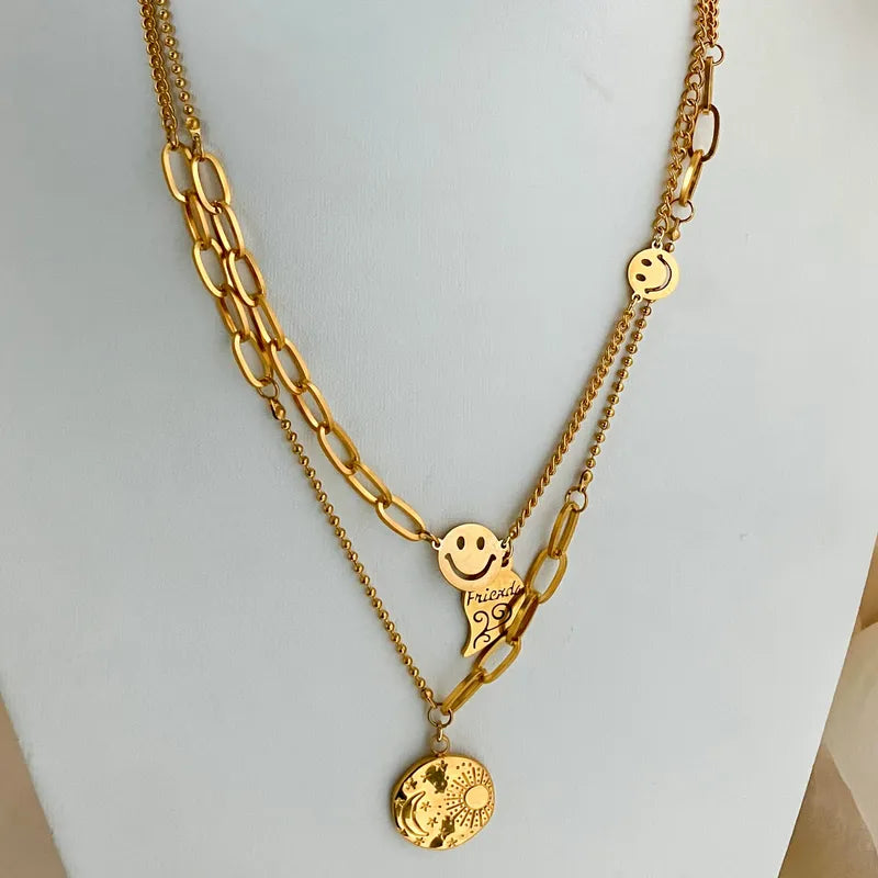 304 Stainless Steel 14K Gold Plated Casual Preppy Style Layered Plating Round Moon Smiley Face Double Layer Necklaces