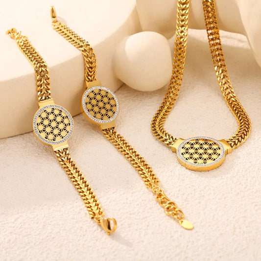 304 Stainless Steel 18K Gold Plated Casual Simple Style Commute Plating Hollow Out Inlay Round Flower Rhinestones Bracelets Necklace Jewelry Set
