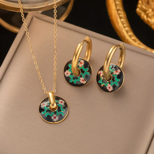 304 Stainless Steel 18K Gold Plated Retro Enamel Flower 2 PC Set