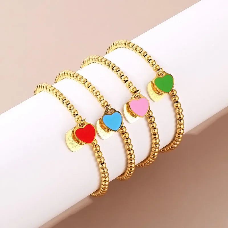 Enamel Pink & Gold Heart 304 Stainless Steel 18K Gold Plated Beaded Enamel Heart Shape Bracelets