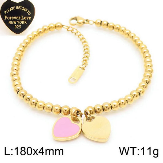 Enamel Pink & Gold Heart 304 Stainless Steel 18K Gold Plated Beaded Enamel Heart Shape Bracelets