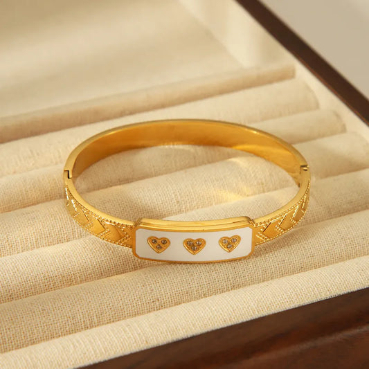 304 Stainless Steel 18K Gold Plated Vintage Style Classic Style Enamel Inlay Heart Shape Zircon Bangle