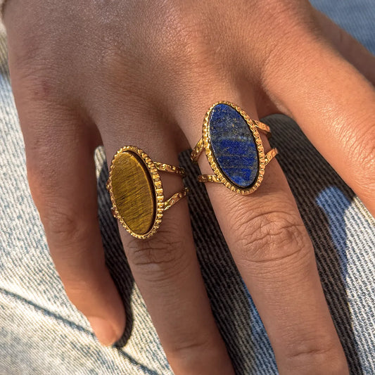 Blue Natural Stone 18K Gold Plated and 304 Stainless Steel Ring and Earring