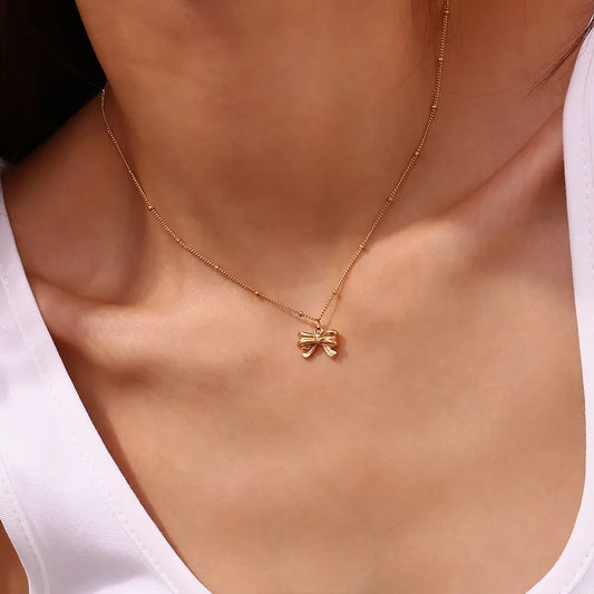 Gold Bow Necklace 316L Stainless Steel 18K Gold Plated Elegant Bow Knot Necklace