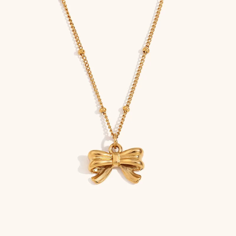 Gold Bow Necklace 316L Stainless Steel 18K Gold Plated Elegant Bow Knot Necklace