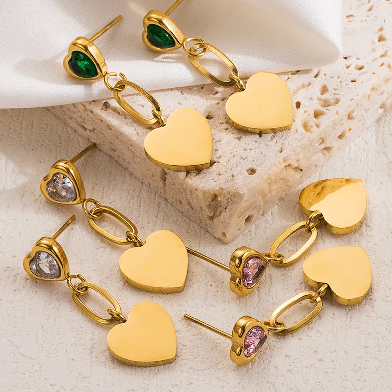 Sweet Heart Shape Plating Stainless Steel PINK  Zircon 18K Gold Plated Drop Earring