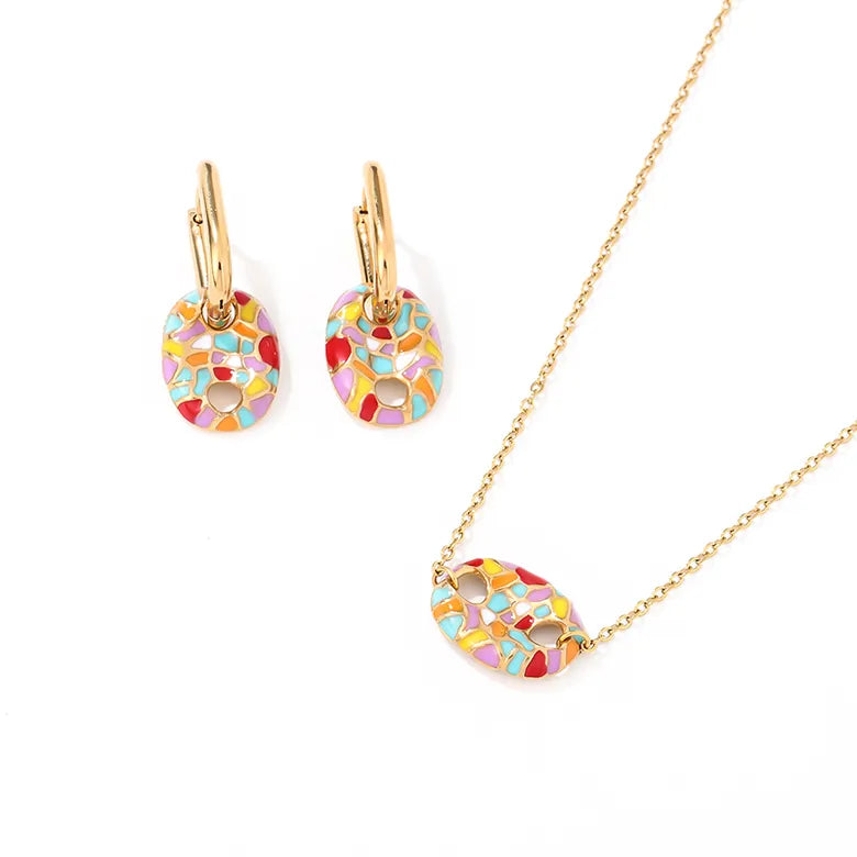 Colors Of Art Necklace Set Oval Stainless Steel Plating Gold Plated Jewelry Set