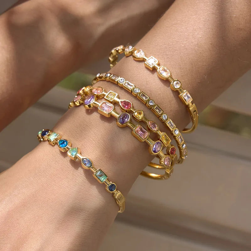 Multi Color Zirconia 18K Gold Plated 304 Stainless Steel Bracelet