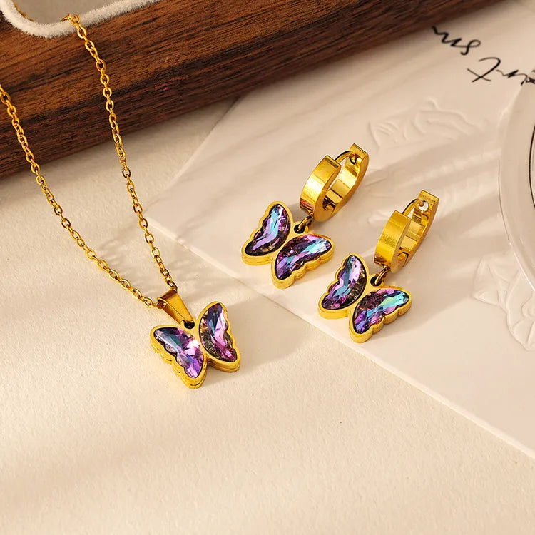 18K Gold Plated Butterfly 304 Stainless Steel Non Tarnish Earrings Necklace