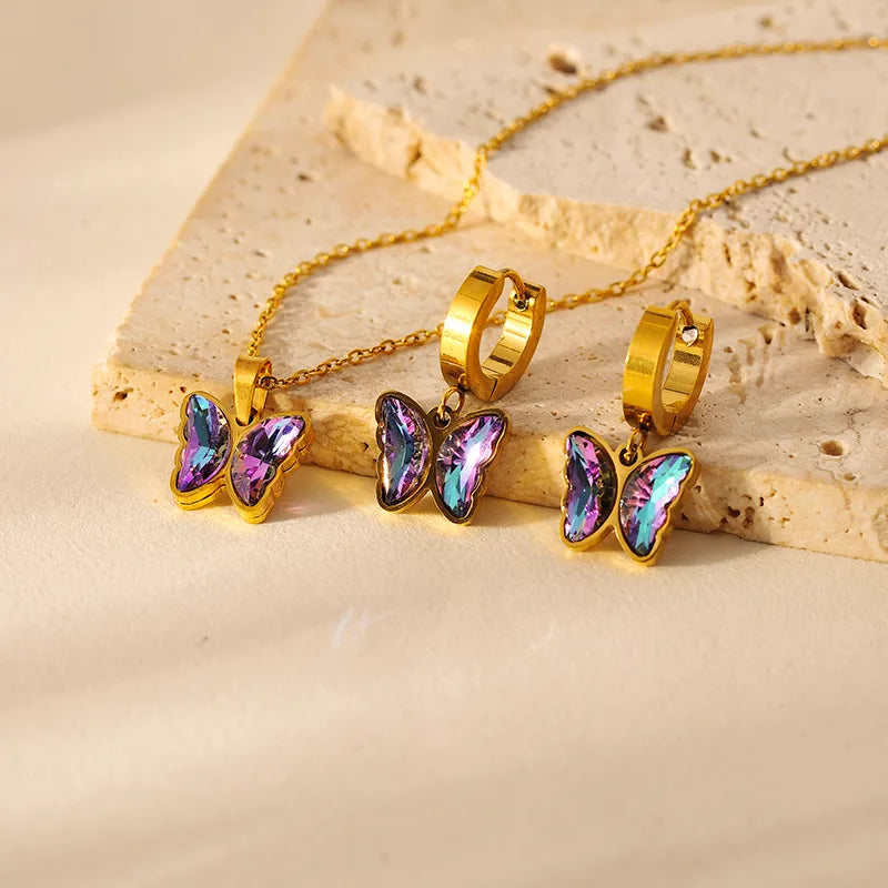 18K Gold Plated Butterfly 304 Stainless Steel Non Tarnish Earrings Necklace