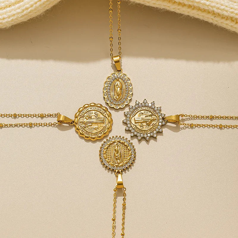 Cubic Zirconia 18K Gold Plated Zircon 304 Stainless Steel Religious Necklace