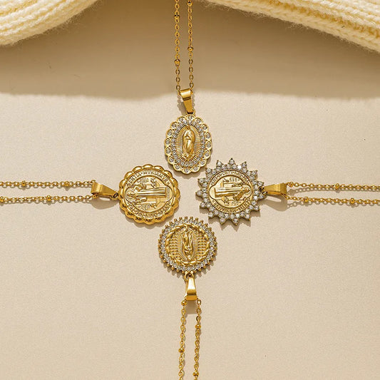 Cubic Zirconia 18K Gold Plated Zircon 304 Stainless Steel Religious Necklace