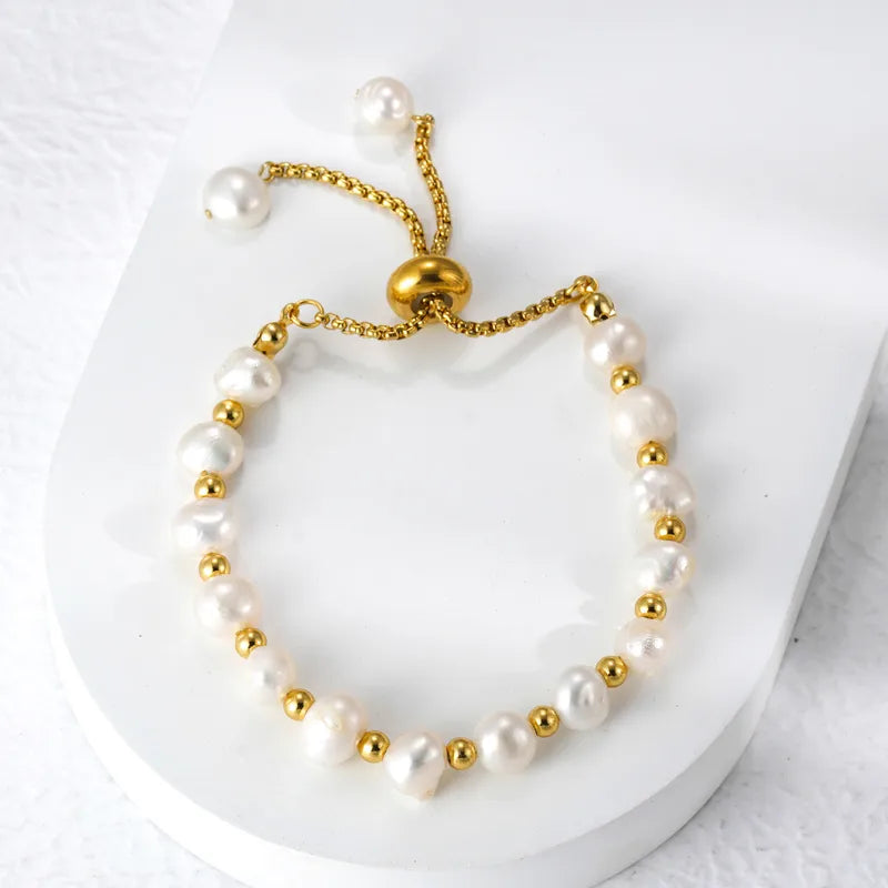 French Style Simple Style Round 304 Stainless Steel Freshwater Pearl 18K Gold Plated Freshwater Pearl Bracelet