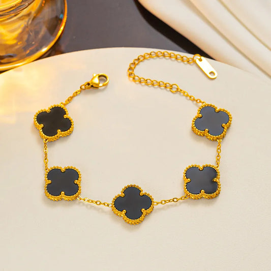 Black Stainless Steel 304 18k Gold Plated Cute Sweet Inlay Four-Leaf Clover Acrylic Bracelet