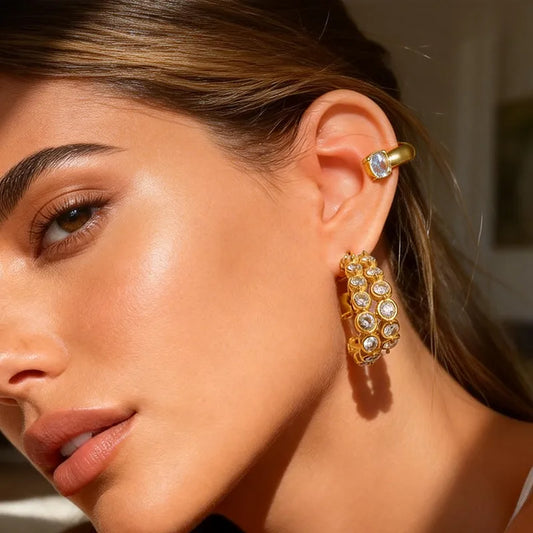 Studded Double 18K Gold Plated Zirconia 304 Stainless Steel Earring