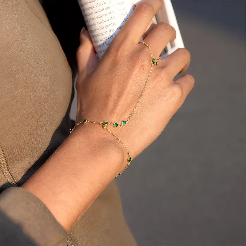 Jade Stone 18K Gold Plated 304 Stainless Steel Finger Chain