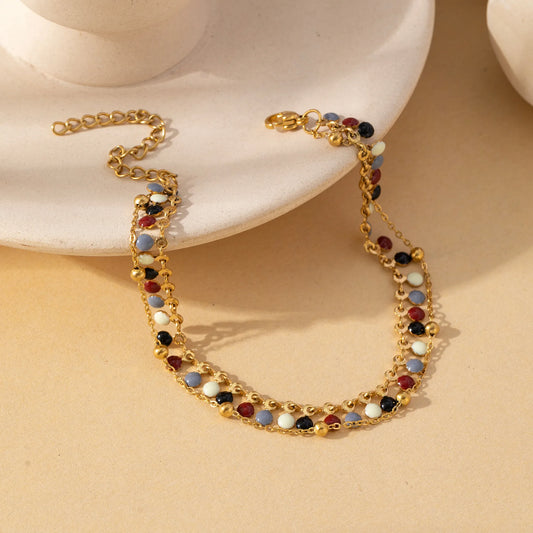 Earth Toned Layered Beaded 18K Gold Plated 304 Stainless Steel Bracelet