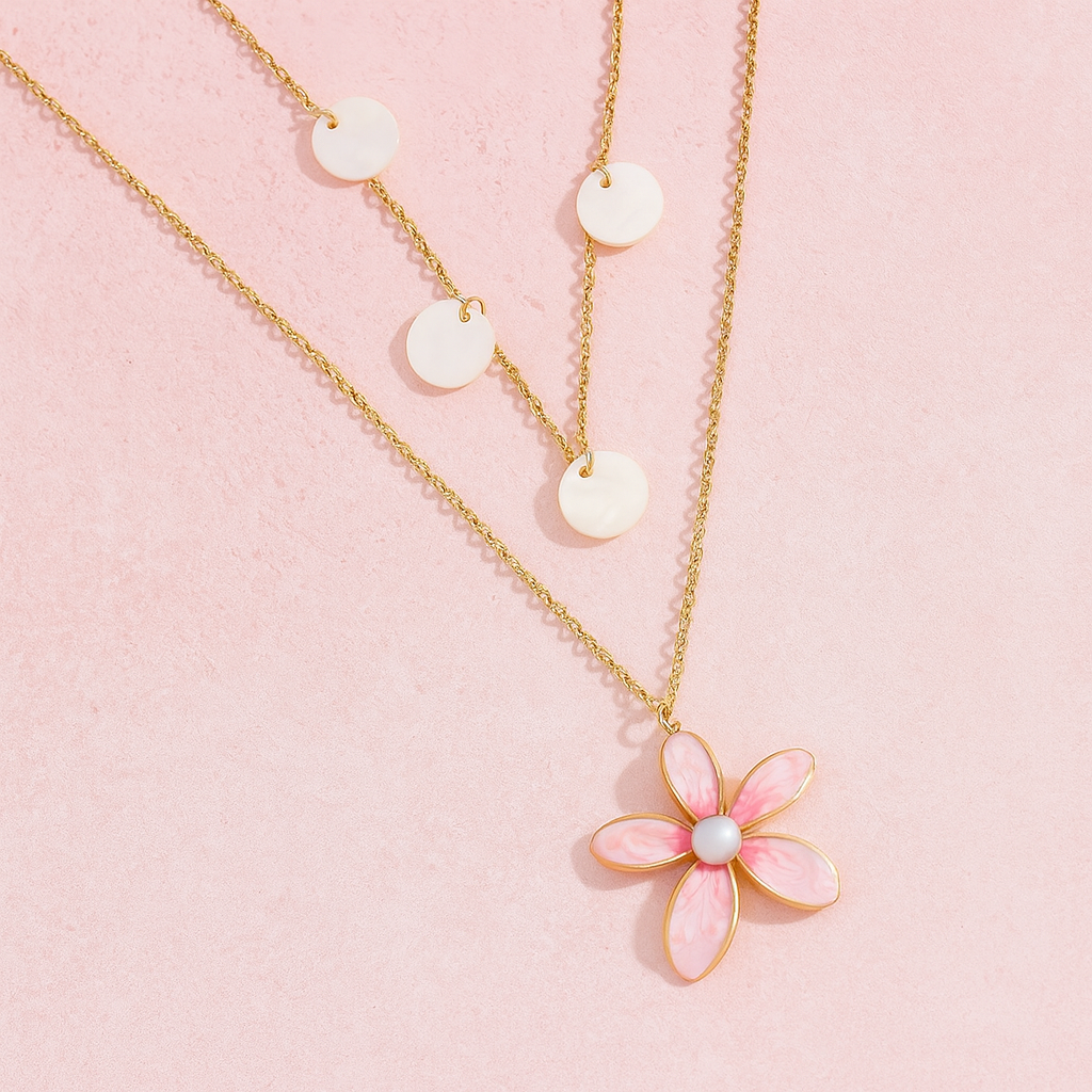 Pearl Flower Double Layer Stainless Steel Vacuum 18K Gold Plated Necklace