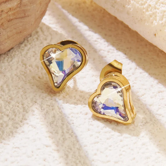 3D Diamond Heart Golden Yellow Earrings 18K Gold Plated 304 Stainless Steel Love Heart Shape Earrings