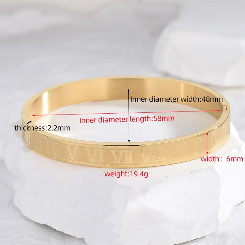 Roman Numeral Stainless Steel Plating 18K Gold Plated Bangle