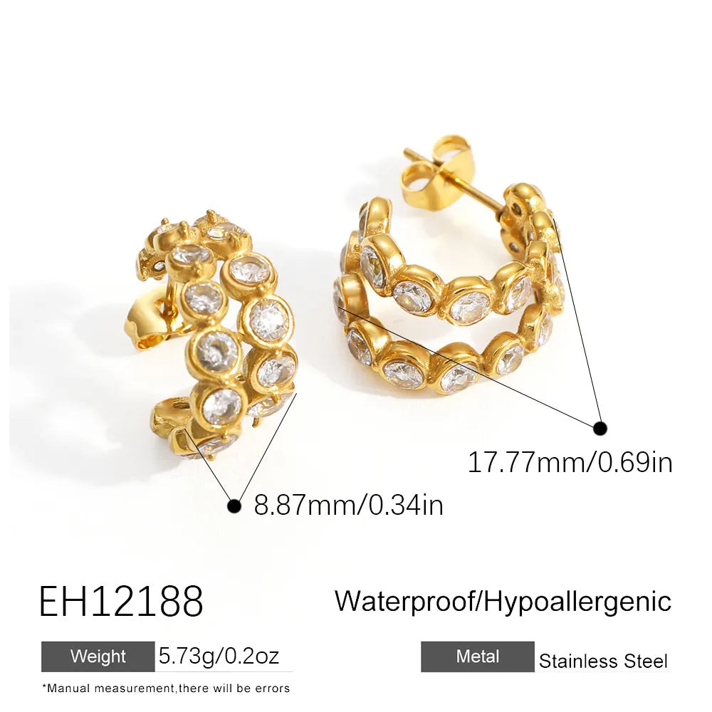 Studded Double 18K Gold Plated Zirconia 304 Stainless Steel Earring