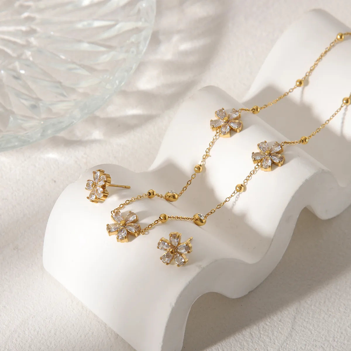 Flower 304 Stainless Steel Zircon 18K Gold Plated Jewelry Set