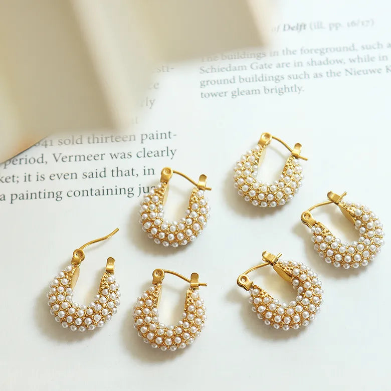 Titanium Steel Plating Inlay Artificial Pearls 18K Gold Plated Earrings