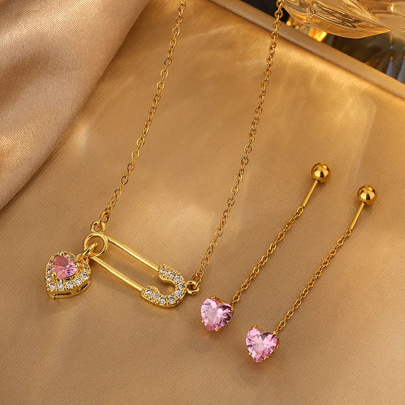 Heart Shape Stainless Steel 304 Artificial Imitation Diamonds 18K Gold Plated Earrings Necklace Jewelry Set