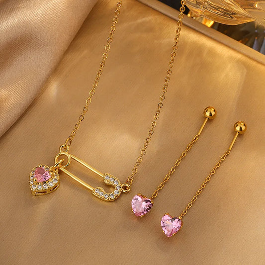 Heart Shape Stainless Steel 304 Artificial Imitation Diamonds 18K Gold Plated Earrings Necklace Jewelry Set