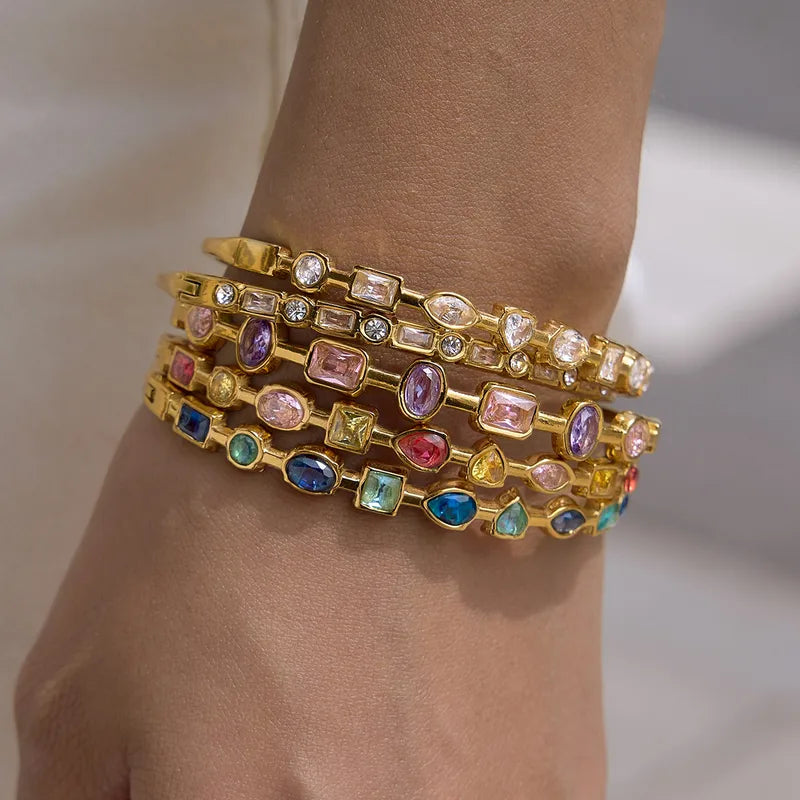 Multi Color Zirconia 18K Gold Plated 304 Stainless Steel Bracelet
