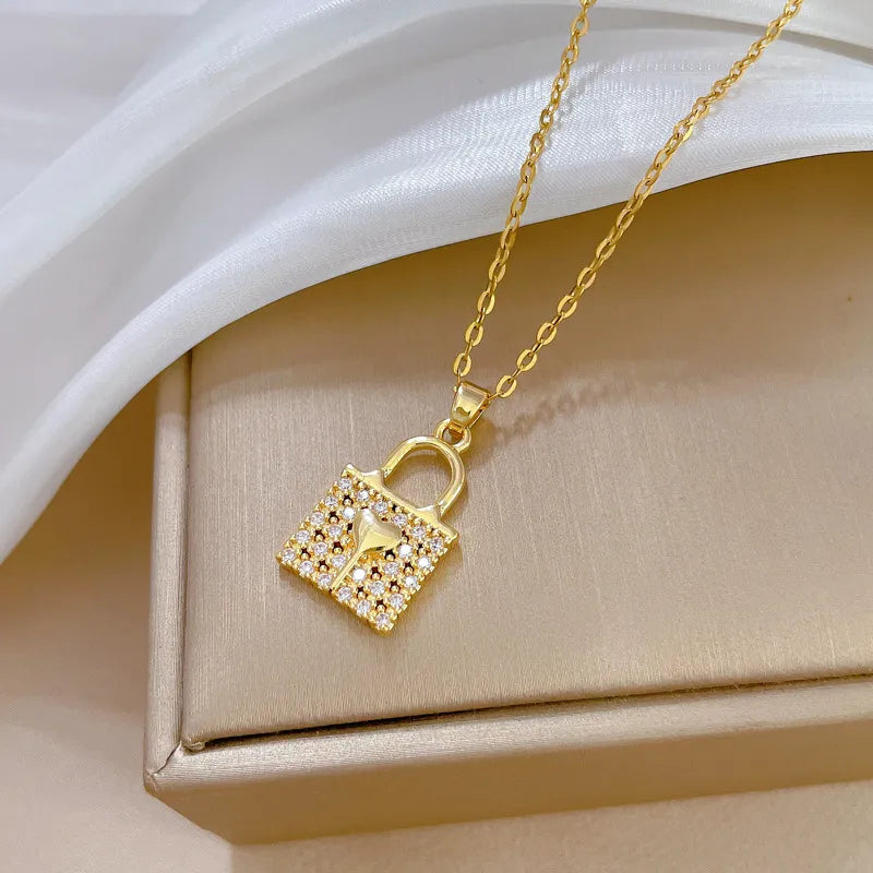 Handbag Lock Style Titanium Steel Plating Inlay Artificial Gemstones Pendant Necklace