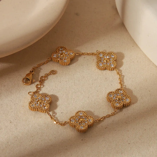 Angelic Vintage Four Leaf Clover Flower 304 Stainless Steel 18K Gold Plated Zircon Bracelets