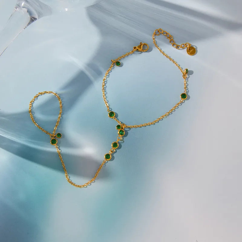 Jade Stone 18K Gold Plated 304 Stainless Steel Finger Chain
