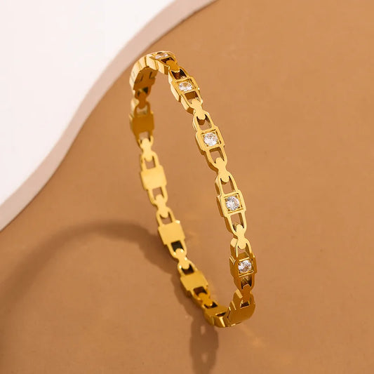 Stainless Steel 18K Gold Plated Artificial Rhinestones Bangle