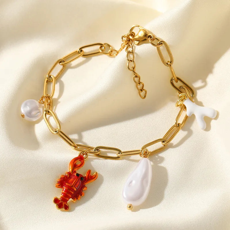 Coral Lobster Rouge 304 Stainless Steel 18K Gold Plated Imitation Pearl Paperclip Chain Multi Charms Bracelet