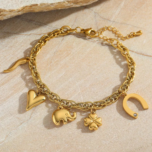 Drip Clover Heart Geometric Heart Shape 304 Stainless Steel 18K Gold Plated Zircon Cable Chain Multi Charms Bracelet