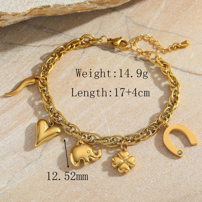 Drip Clover Heart Geometric Heart Shape 304 Stainless Steel 18K Gold Plated Zircon Cable Chain Multi Charms Bracelet