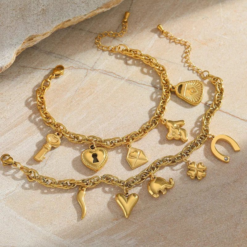 Drip Clover Heart Geometric Heart Shape 304 Stainless Steel 18K Gold Plated Zircon Cable Chain Multi Charms Bracelet
